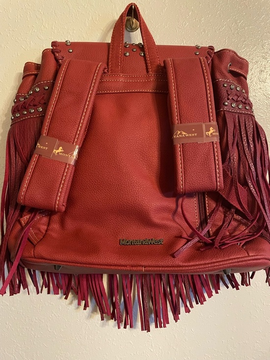 Montana West Red Leather Fringe Backpack with Turquoise Accent and Studs - Picture 5 of 9